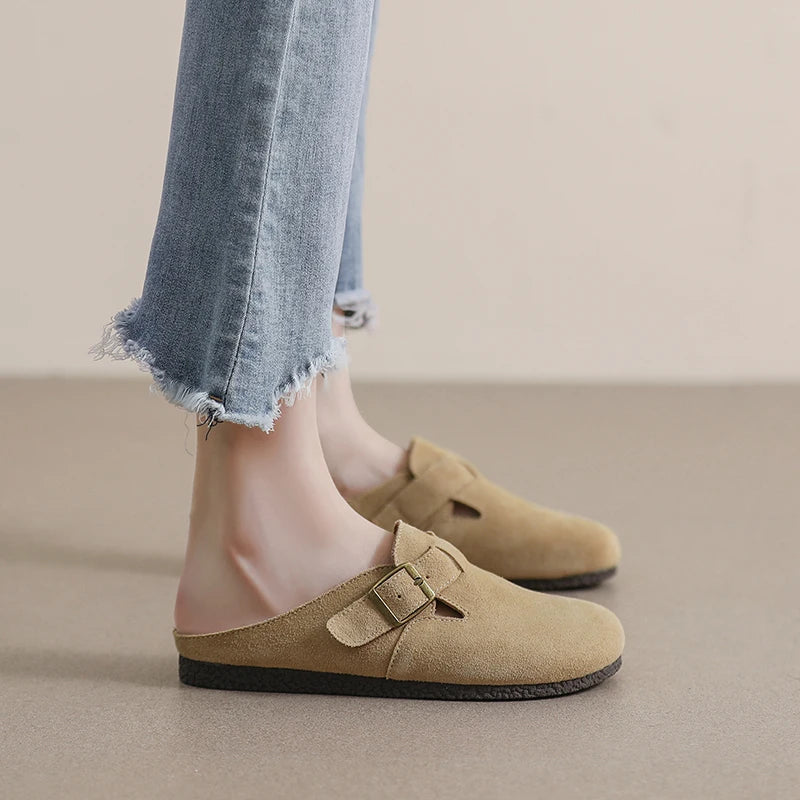 AIYUQI Hausschuhe Frauen Echt Leder 2025, Neue Große Größe 41 42 43 Frauen Sommer Schuhe Retro Oberbekleidung Flache Faule halbe Hausschuhe Frauen