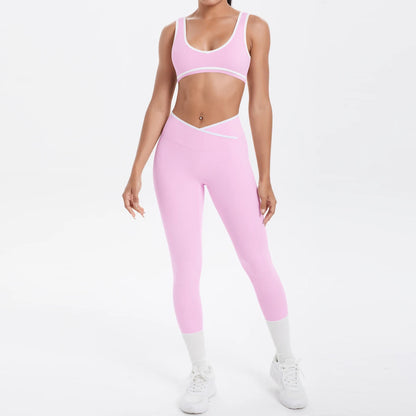 Hellrosa Damen-Yoga-Set mit Push-up-BH und 3/4-Leggings, weißes Zierband