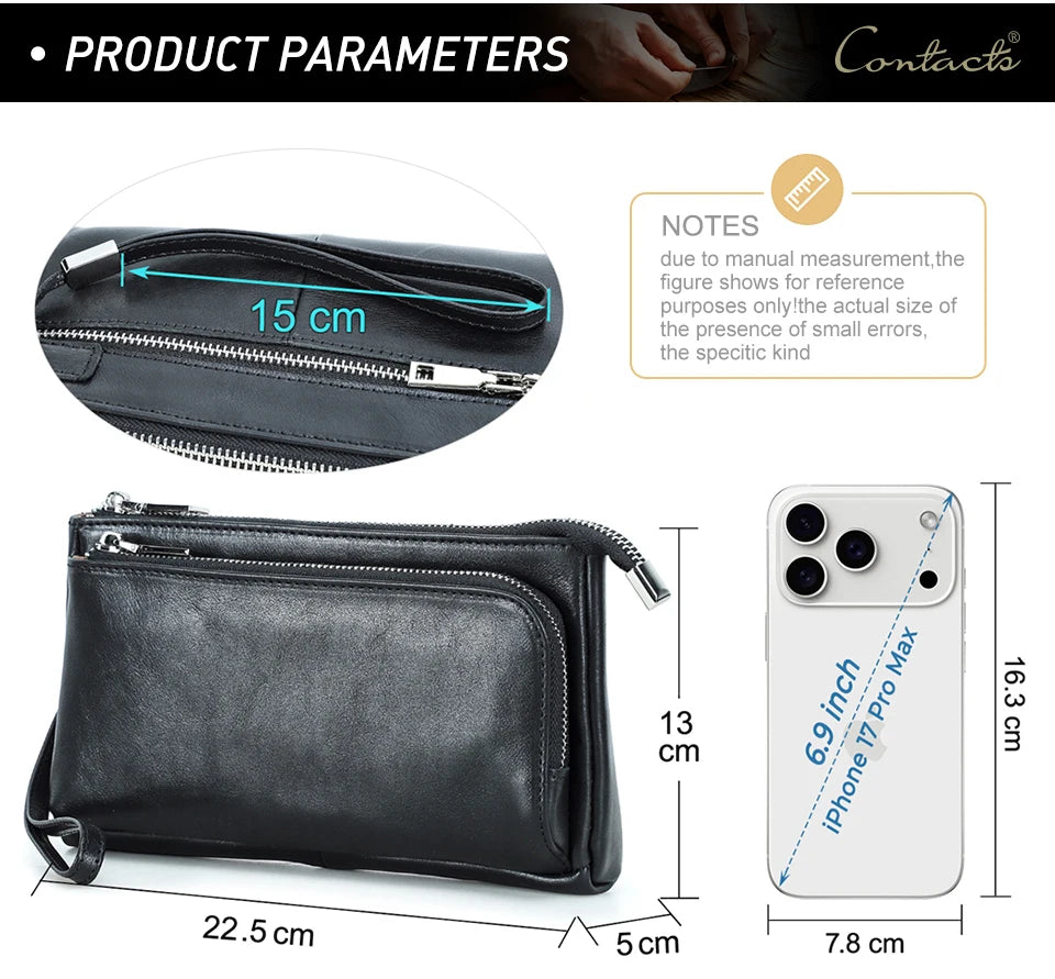 Schwarze Leder-Clutch mit Reißverschluss, mehrere Einschübe innen