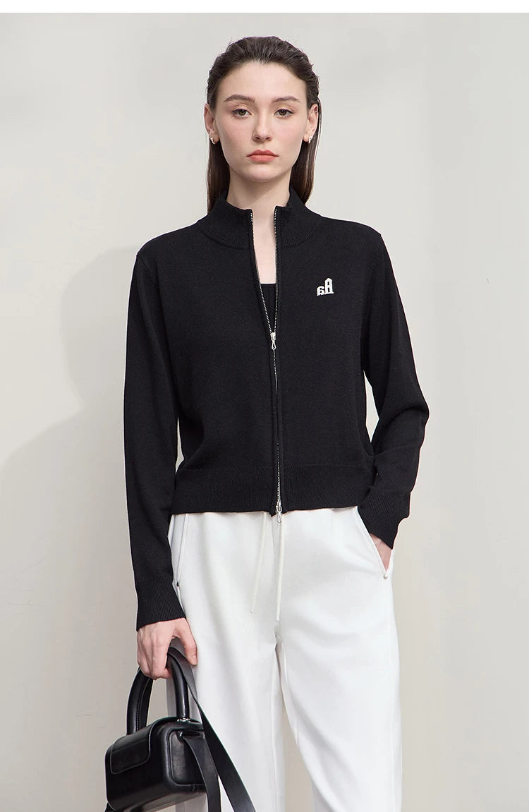 Damen-Rollkragen-Strickjacke kurz Reißverschluss Wolle Herbst-Winter