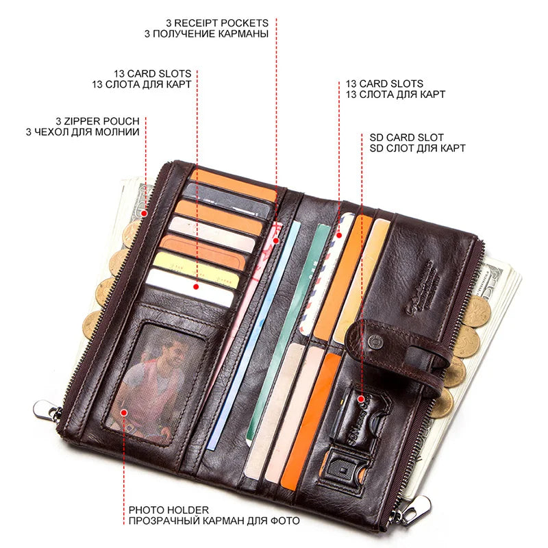 Herren Echtleder Lange Geldbörse Vintage 13 Fächer Kartenhalter Fotohalter Reise