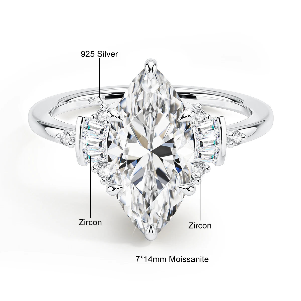 Damen-Verlobungsring aus Moissanit mit GRA Zertifikat, Marquise-Schliff, 3 Karat, 7x14 mm