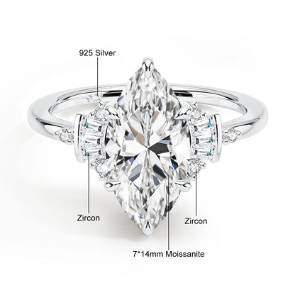 Damen-Verlobungsring aus Moissanit mit GRA Zertifikat, Marquise-Schliff, 3 Karat, 7x14 mm