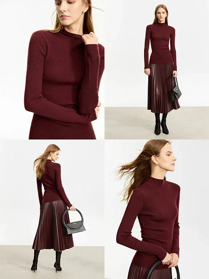 Damen-Rollkragenpullover 100 % Wolle Slim Fit elastisch Winter