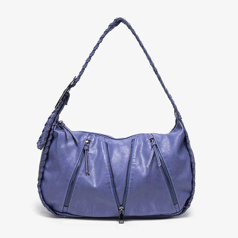 Damen-Hobo-Handtasche Vintage-Stil aus weichem Kunstleder mit geflochtenem Tragegurt und Mehrfach-Reißverschlussfächern