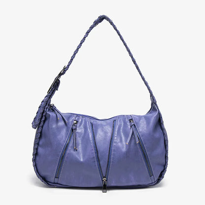 Damen-Hobo-Handtasche Vintage-Stil aus weichem Kunstleder mit geflochtenem Tragegurt und Mehrfach-Reißverschlussfächern