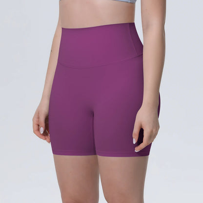 Lila High-Waist-Yogashorts für Damen, kurz, glatte Front, körpernah geschnitten