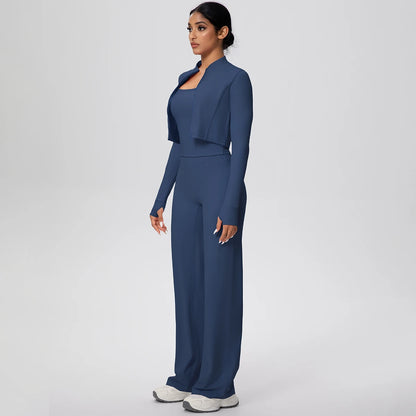 Sport-Set mit kurzem Langarm-Jäckchen und eckigem Ausschnitt-Top, weite Hose, navy