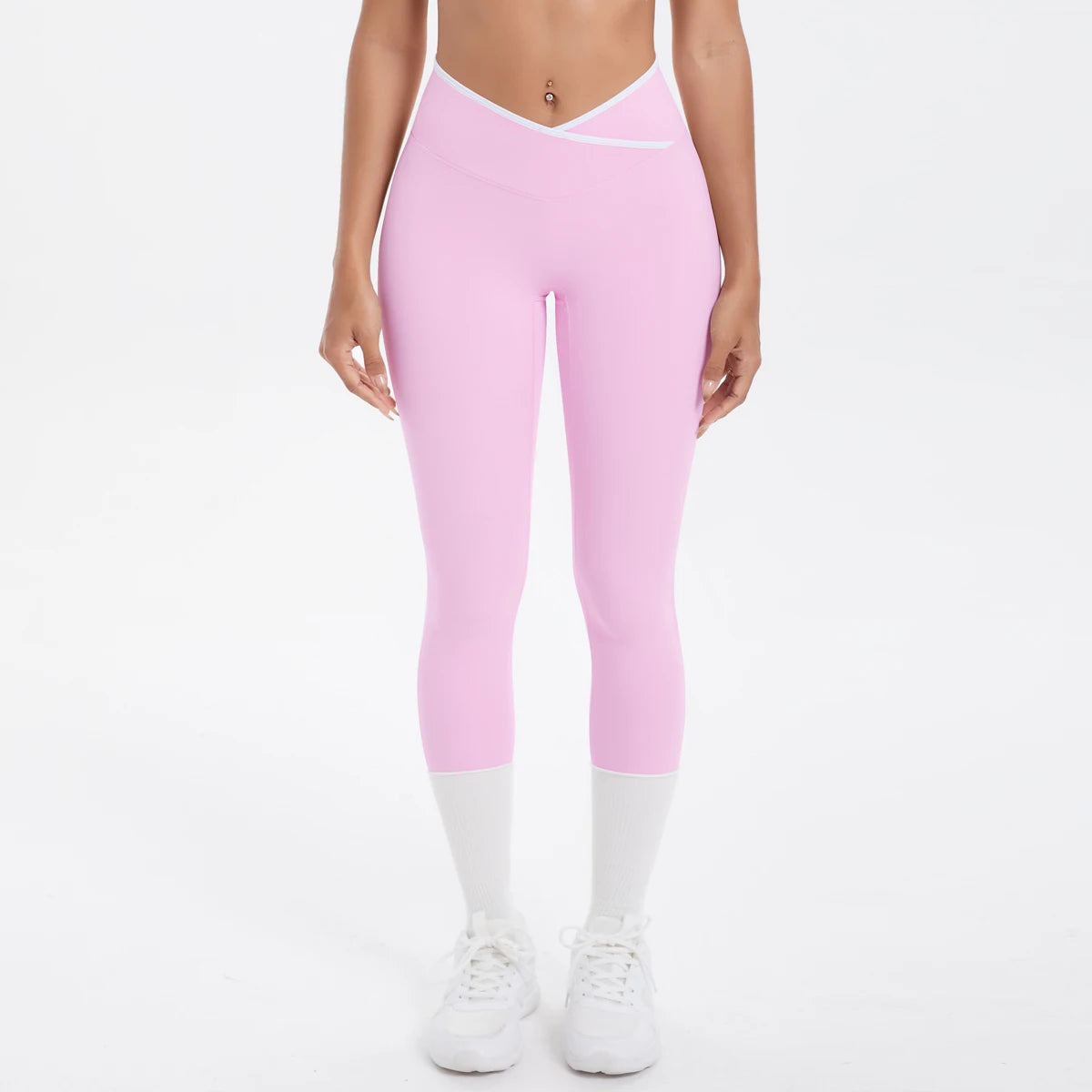 Damen-Yoga-Leggings, hohe Taille, rosafarben, 3/4 Länge mit weißem Saumeinsatz