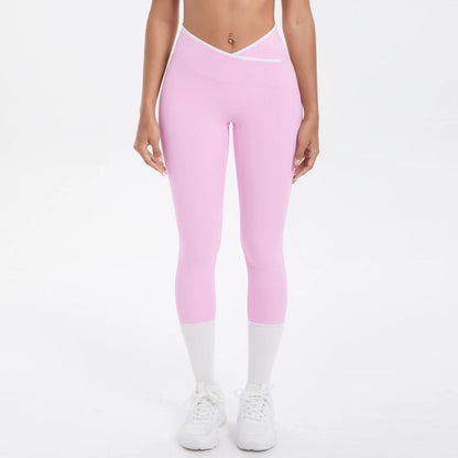 Damen-Yoga-Leggings, hohe Taille, rosafarben, 3/4 Länge mit weißem Saumeinsatz