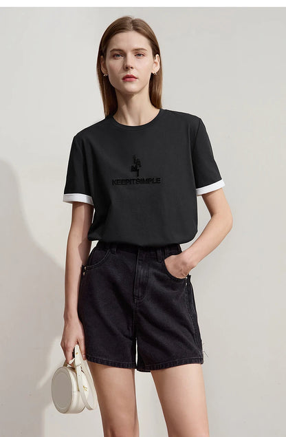 Damen Freizeit-T-Shirt mit Rundhalsausschnitt und Farbblockierung für den Sommer