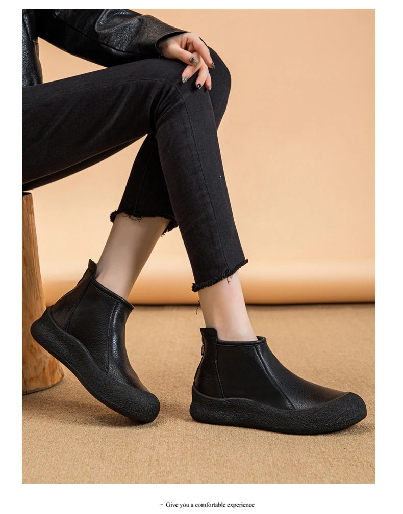 Damen-Stiefeletten aus Leder, flach, schwarz, seitlicher Schaftzug mit weicher Textilfütterung