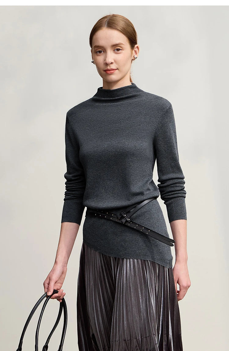 Damenpullover mit Halbrollkragen, dunkelgrau, langarm, asymmetrischer Saum, Strickoptik