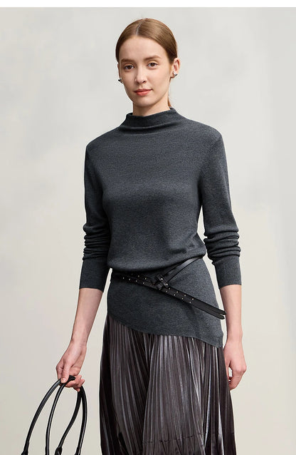 Damenpullover mit Halbrollkragen, dunkelgrau, langarm, asymmetrischer Saum, Strickoptik