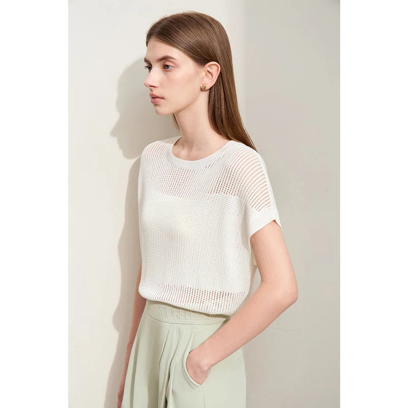 Damen Wollstrickpullover in Beige/Creme mit feinem Lochstrick und Rundhalsausschnitt