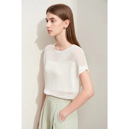 Damen Wollstrickpullover in Beige/Creme mit feinem Lochstrick und Rundhalsausschnitt