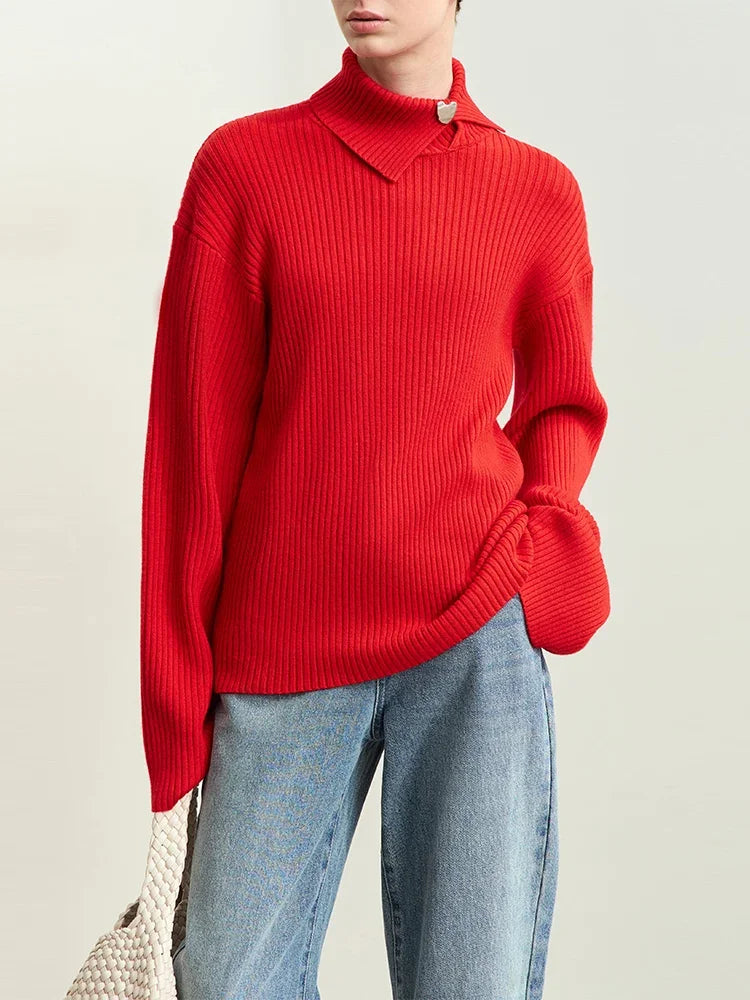 Damen-Pullover aus Rippenstrick, rot, langer Ärmel, lockerer Schnitt, Metallknopf am Kragen