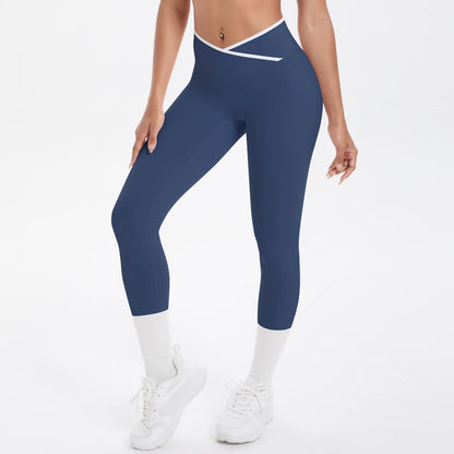 Damen-Yoga-Leggings, hohe Taille, dunkelblau, 3/4 Länge mit weißem Kontrastbund