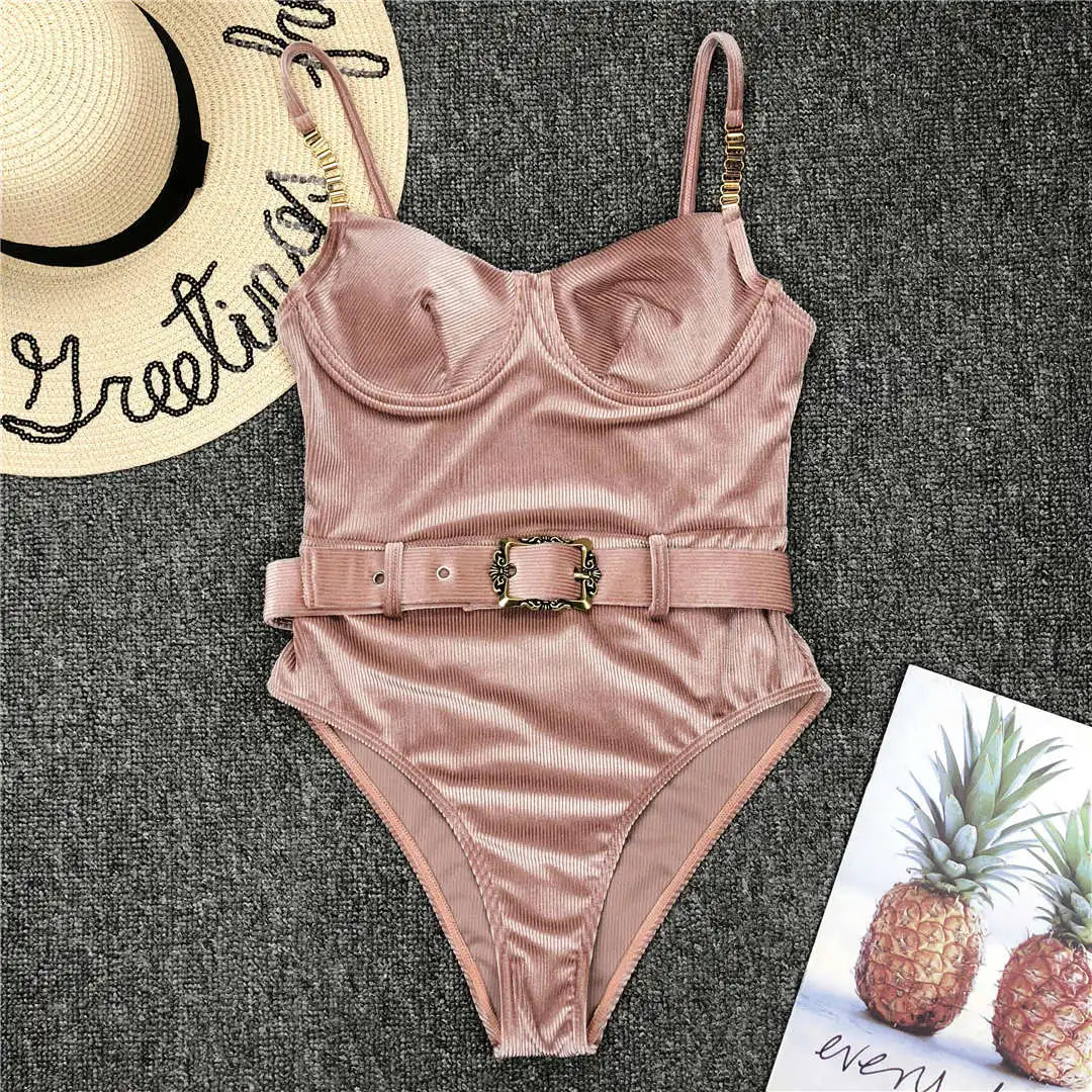 Damen-Badeanzug Rippe Gürtel High-Cut Bodysuit einteilig