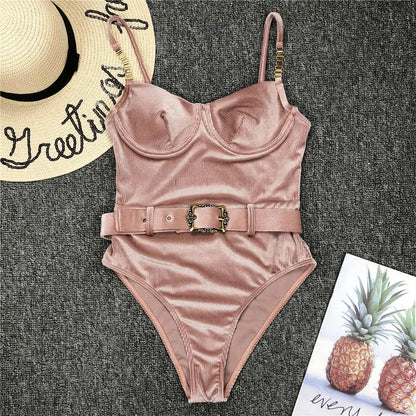 Damen-Badeanzug Rippe Gürtel High-Cut Bodysuit einteilig