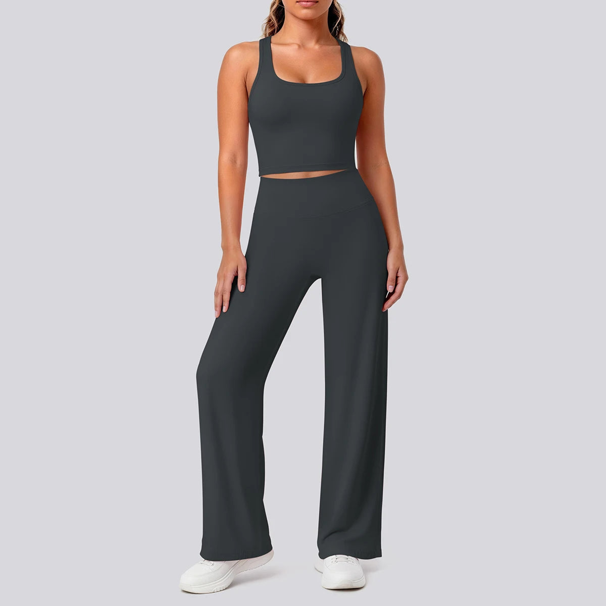 Damen-Yoga-Set in Dunkelgrau: Crop-Top mit Trägern, hohe Taille, weite Hose