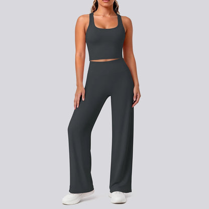 Damen-Yoga-Set in Dunkelgrau: Crop-Top mit Trägern, hohe Taille, weite Hose