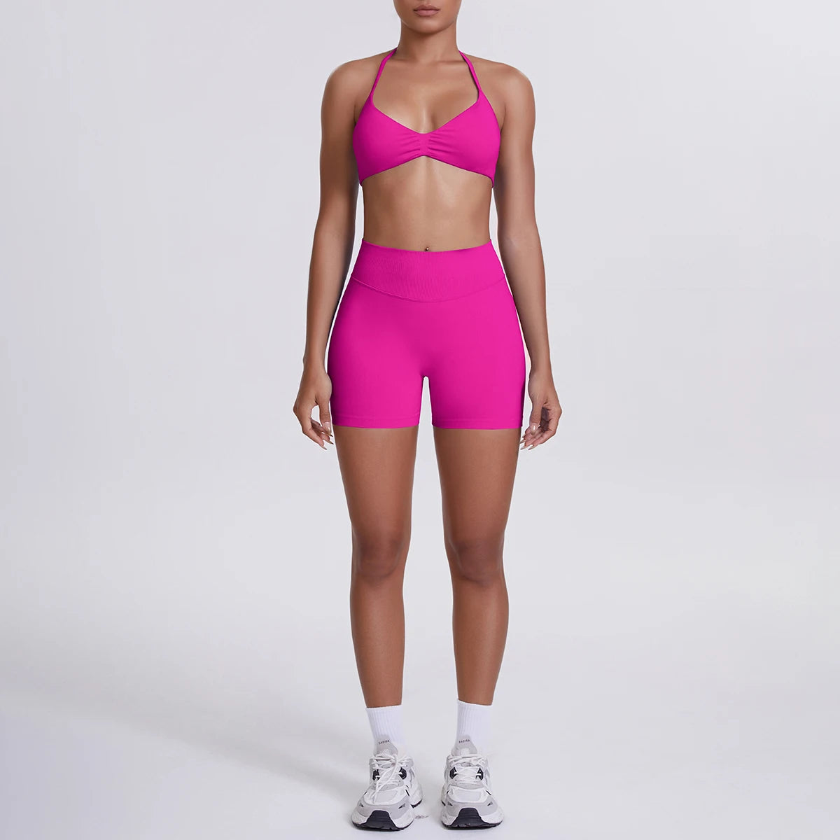 Nahtloses Yogaset für Frauen in rosarot: High-Waist Shorts & Sport-BH