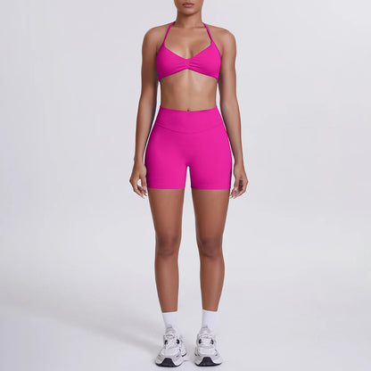 Nahtloses Yogaset für Frauen in rosarot: High-Waist Shorts & Sport-BH