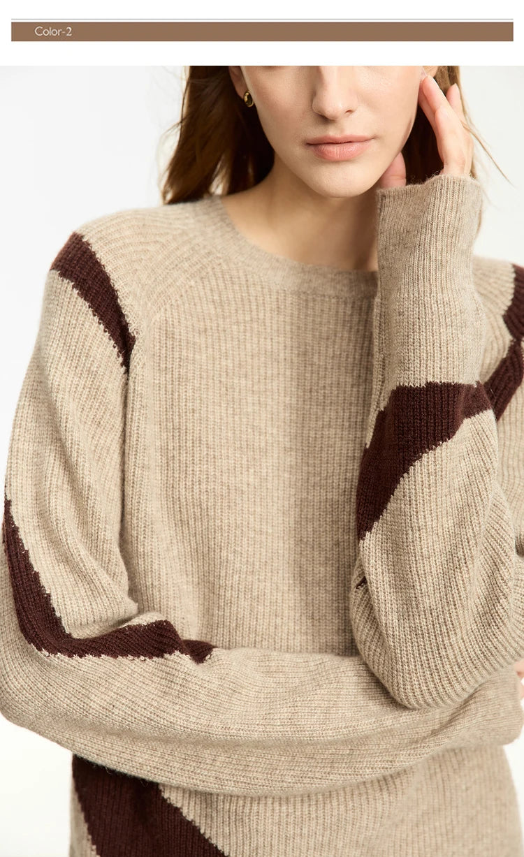 Damen-Rundhalspullover Wolle Yak asymmetrisch Patchwork locker Winter