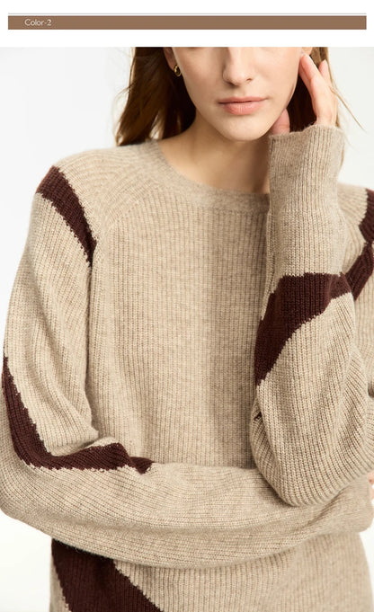 Damen-Rundhalspullover Wolle Yak asymmetrisch Patchwork locker Winter