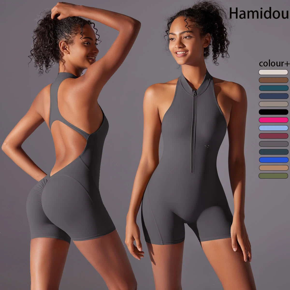 Sport-Body mit kurzem Bein, dunkelgrau, ärmellos, Slim Fit und Halbzip vorne
