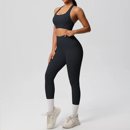 Yoga-Set: dunkelgraues Sport-Top mit Cutout und Leggings mit Knöchelbund