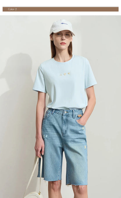 Damen T-Shirt mit O-Ausschnitt und geometrischer Dekoration aus antibakterieller Baumwolle