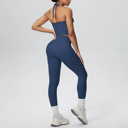 Marineblaues Damen-Yogaset: Tanktop und Capri-Leggings mit hellen Knöchel-Bündchen