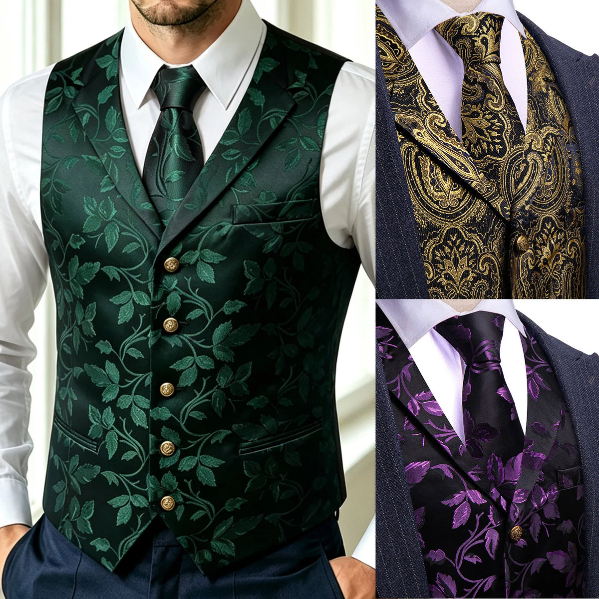 Herrenweste Jacquard-Blumenmuster grün, mit goldenen Knöpfen; dazu Krawatte