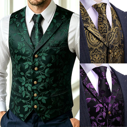 Herrenweste Jacquard-Blumenmuster grün, mit goldenen Knöpfen; dazu Krawatte