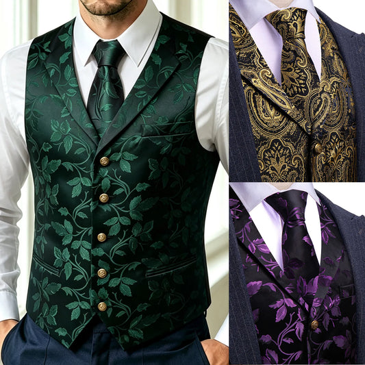 Herrenweste Jacquard-Blumenmuster grün, mit goldenen Knöpfen; dazu Krawatte
