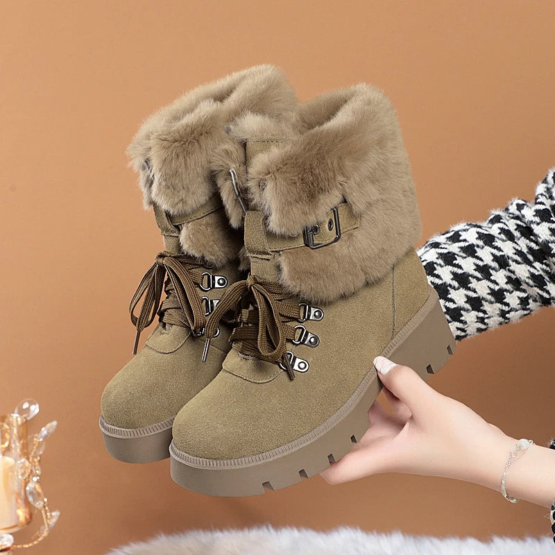 AIYUQI Women Snow Boots Platform New Rabbit Female Winter Boots Fashion Large Size Non-slip Genuine Leather Women Ankle Boots