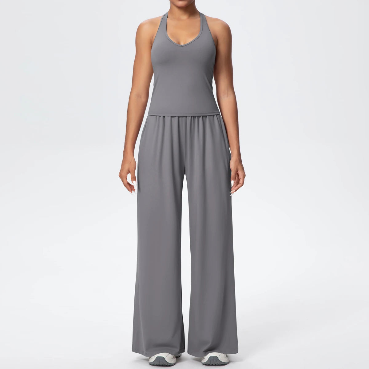 Graues Yoga-Set für Damen: Träger-Top und lange, weite Hose mit Raffung am Bund