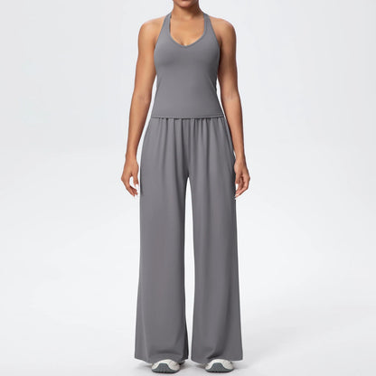 Graues Yoga-Set für Damen: Träger-Top und lange, weite Hose mit Raffung am Bund