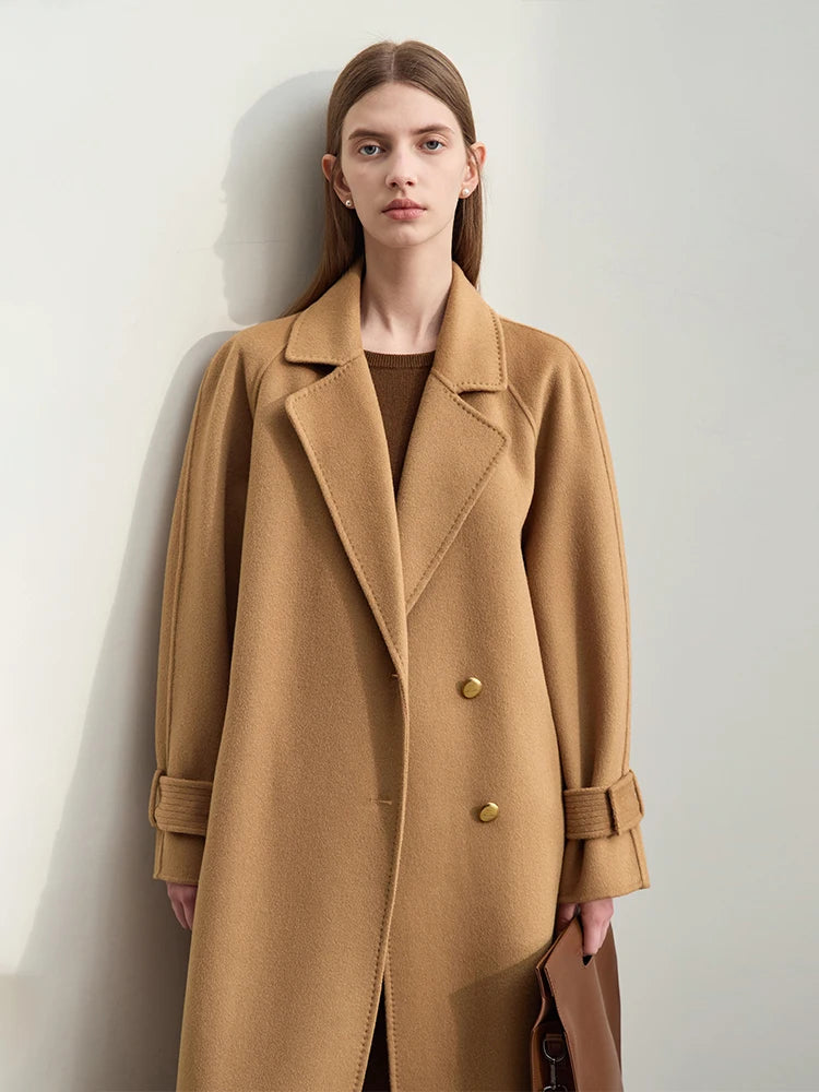 Damen Wollmantel im minimalistischen Design mit langem Gürtel und Raglanärmeln