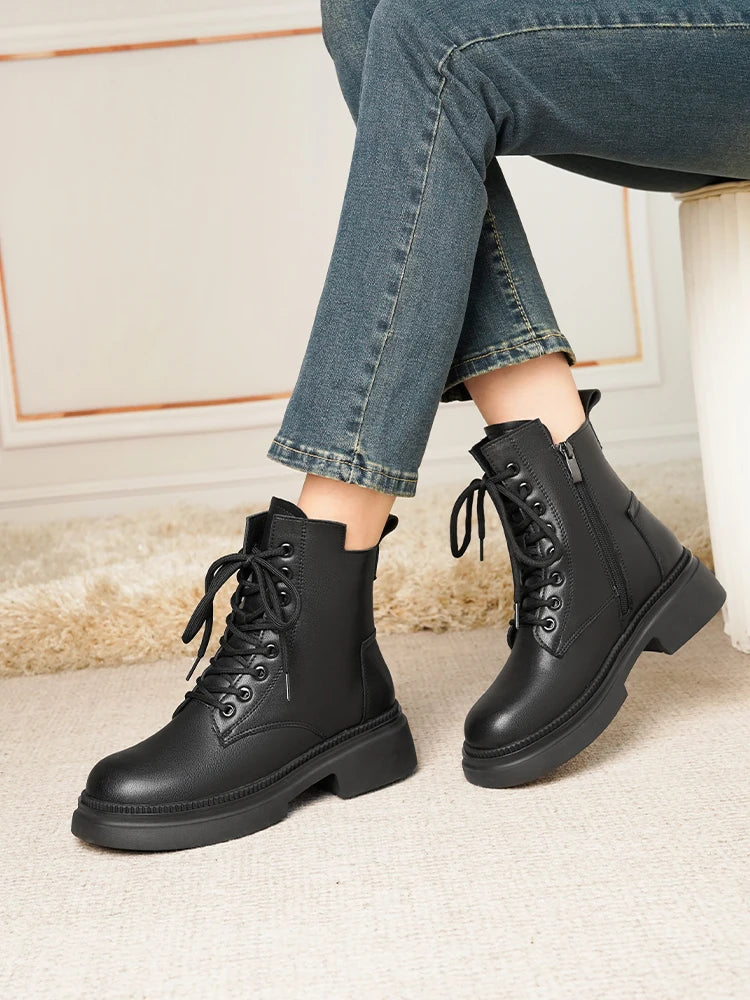Damen Stiefeletten aus echtem Leder im Retro-Stil mit quadratischem Absatz