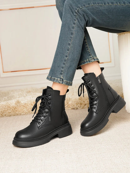 Damen Stiefeletten aus echtem Leder im Retro-Stil mit quadratischem Absatz