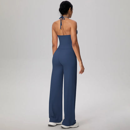 Damen-Yoga-Set rückenfreies Träger-Top mit Rückenansicht und weite Hose, navy