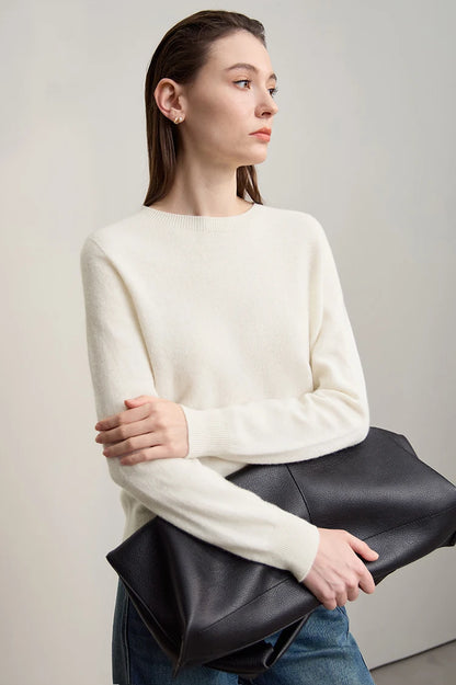 Amii Kaschmirpullover mit O-Ausschnitt, lange Ärmel, hellbeige, locker sitzend