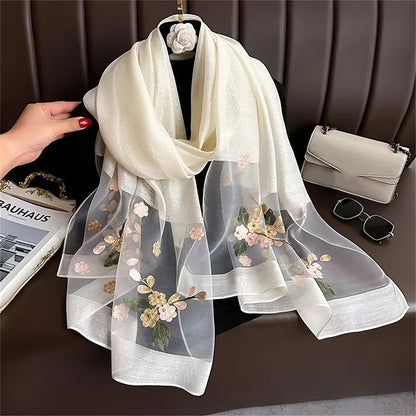 Damen Seiden-Woll Schal Blumenstickerei Hijab Frühling Sommer Pashmina Kopftuch