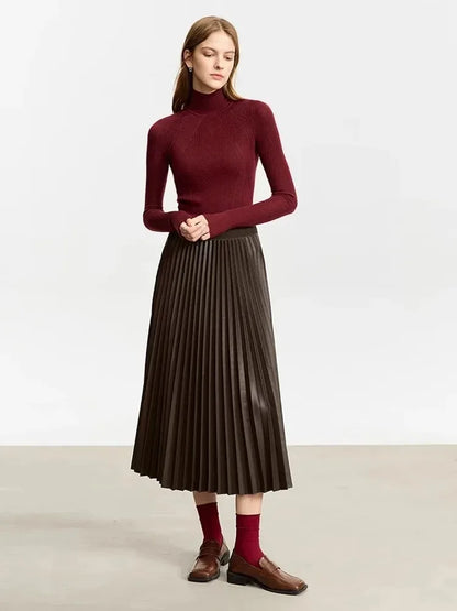 Midi-Kunstlederrock mit Falten, flexibler Taille, bordeauxfarbener Look unten