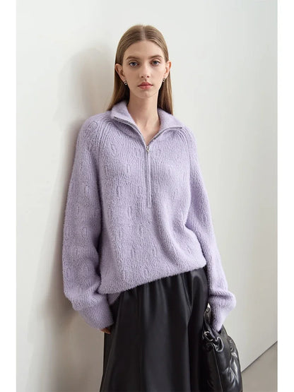 Damen-Rollkragenpullover Reißverschluss Nerz-Optik locker Winter