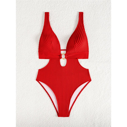Damen Badeanzug tiefer V-Ausschnitt Cut-Out Monokini hoher Beinausschnitt 8 Farben
