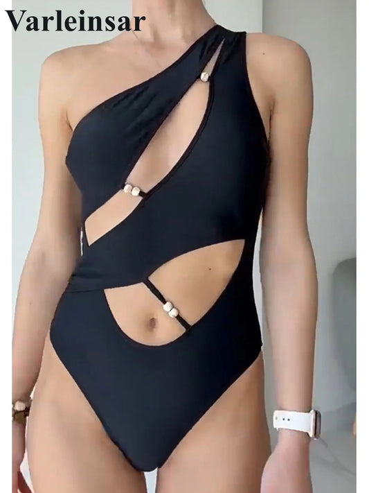 Damen-Badeanzug mit One-Shoulder-Cutout und hohem Beinausschnitt, dunkelblau